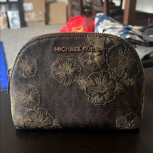 Michael Kors Brown Pouch with Gold Floral Design